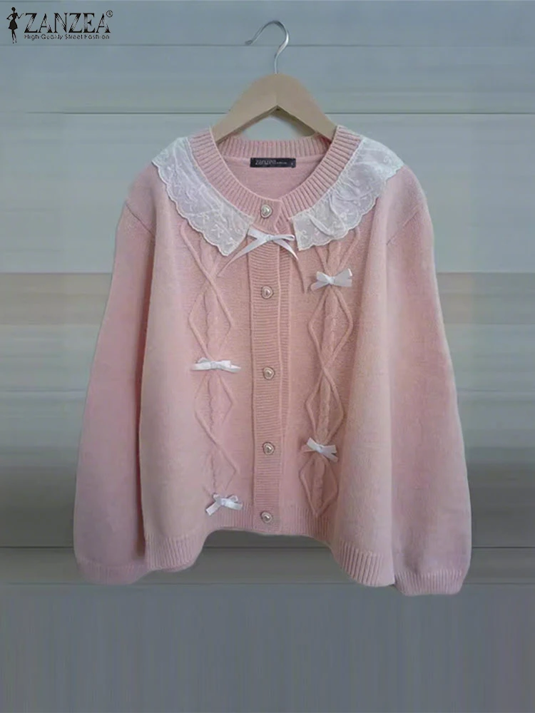 ZANZEA 2025 FW سترات نسائية مرقعة بالدانتيل ورقبة دائرية وأكمام طويلة وأزرار حتى القوس وتفاصيل سترة صوفية على الموضة الكورية #1