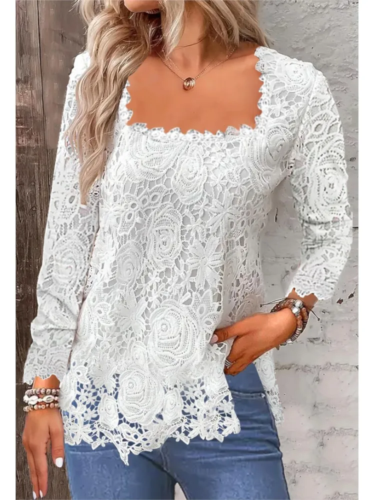 

Fashion Square Neck Lace Long-sleeved Women Base Layer Spring Autumn New Style Casual Elegant Female Versatile T-shirt Tops 2026