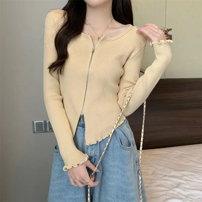 Pure Desire Wind U-neck Double Zipper Black Fungus Edge Knitted Cardigan Spicy Girl Slim Fit Irregular Long Sleeve Women's