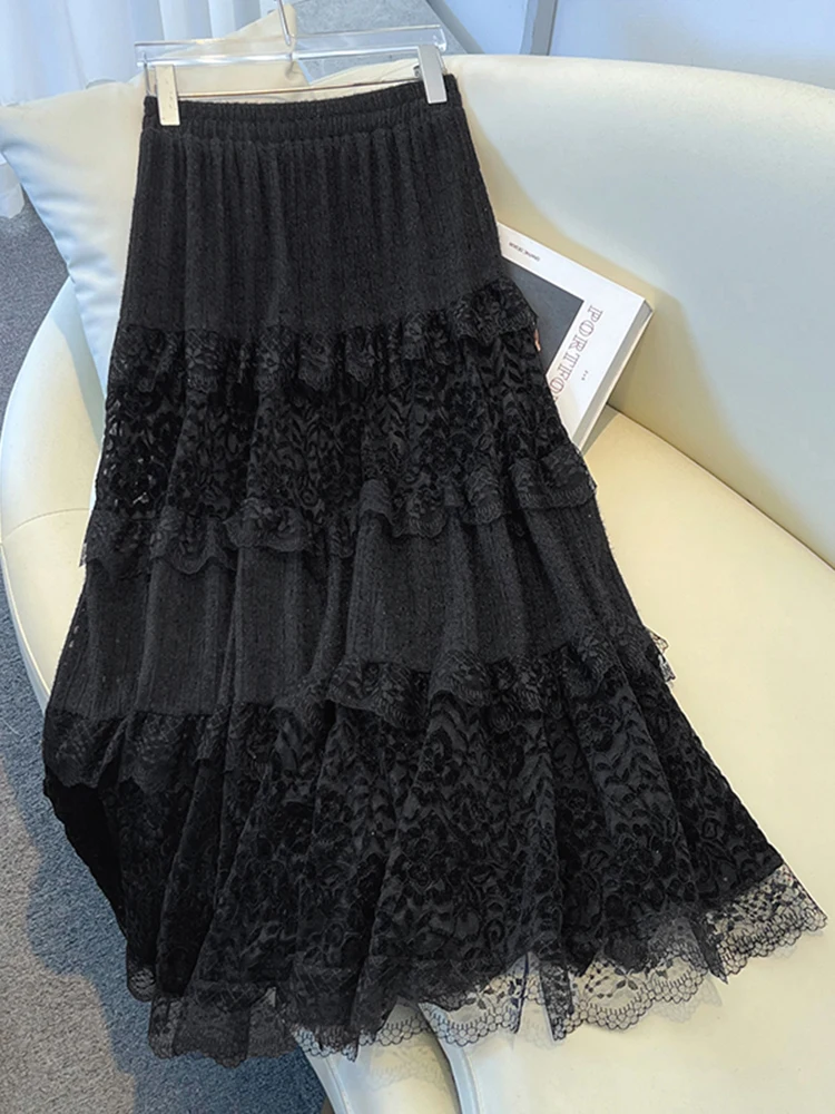 New Korean Sweet Women Lace Splicing Plush Cake Skirt Winter Fashion High Street Y2K Solid Color Women's A-Line Half Body Skirt