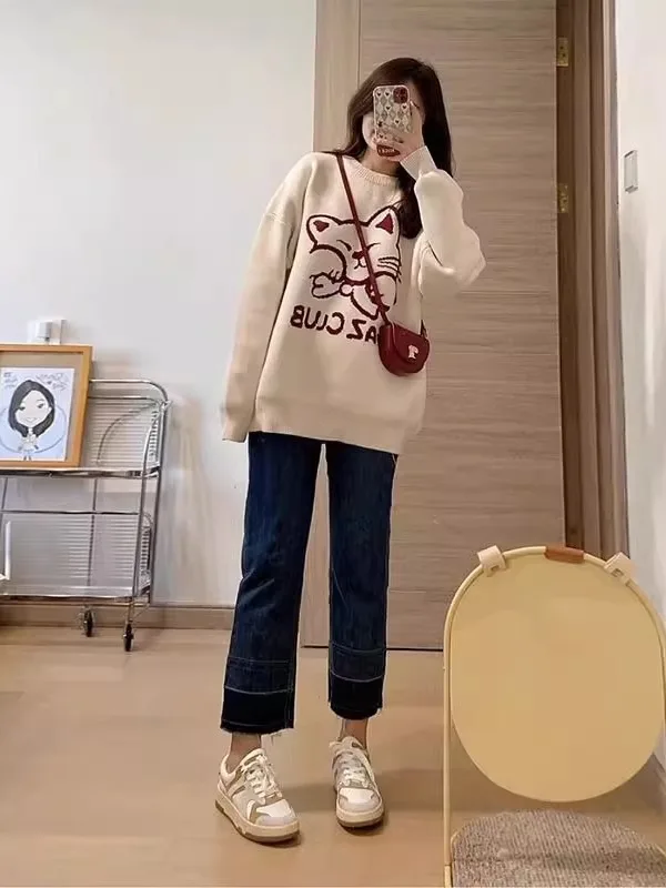 سترة محبوكة كبيرة الحجم للسيدات للخريف بنمط Sle جديد تصميم فضفاض من Thiened ملابس تريكو للنساء #5