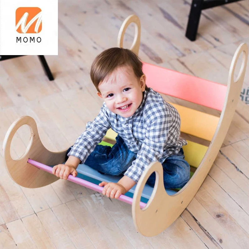 Children Wooden Balance Rocking Board Climbing Interactive Arch Rocking Chair Montessori Educational Toy Rainbow Ladder