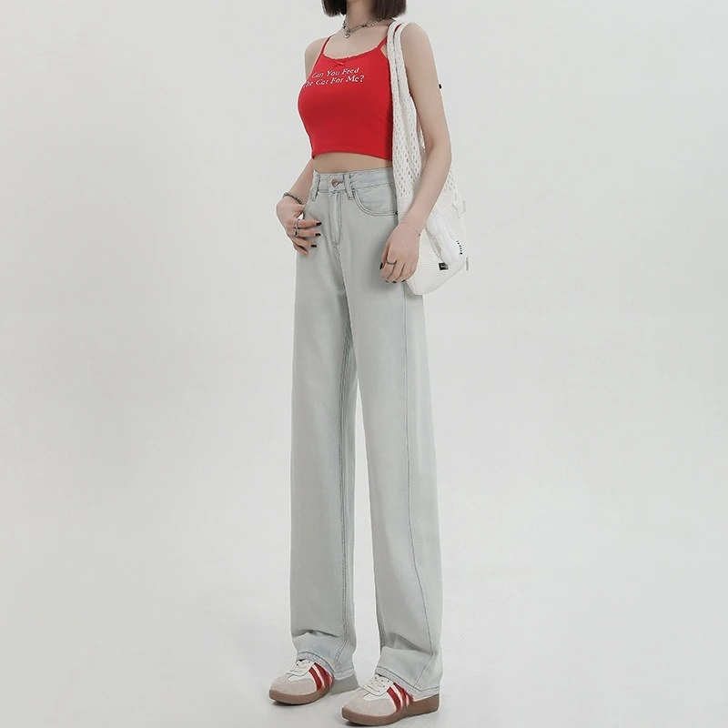 

Extended pants New Glacier Blue Margiela Contrasting Color Embroidery High Waist Narrow Version Non-elastic Straight Jeans Women