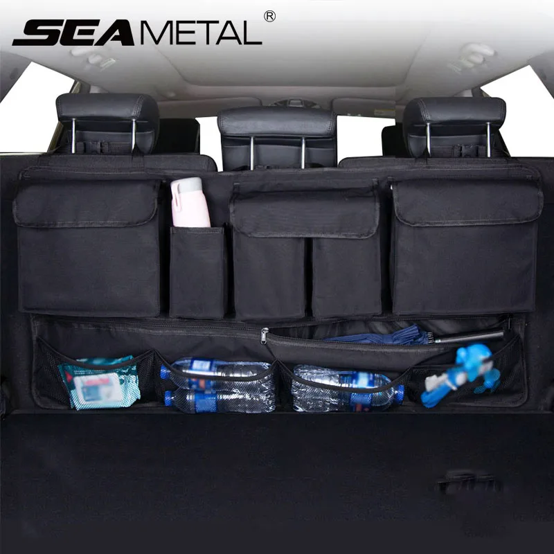 SEAMETAL Car Trunk Storage Bag 10-Pocket Oxford Cloth Seat Back Organizer with Zipper Mesh Universal for Suv Sedan Hatchback