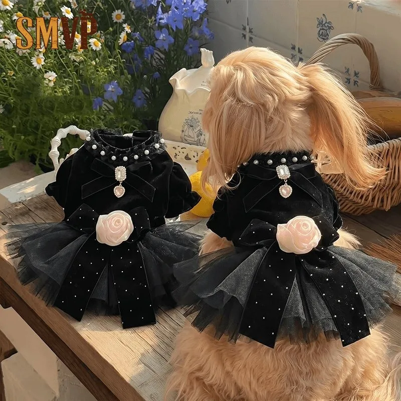 Vintage Black Velvet Tulle Pet Dress Pearl Trim Rose Bow Embellishment for Small Medium Pet Artistic Creative Photography Use