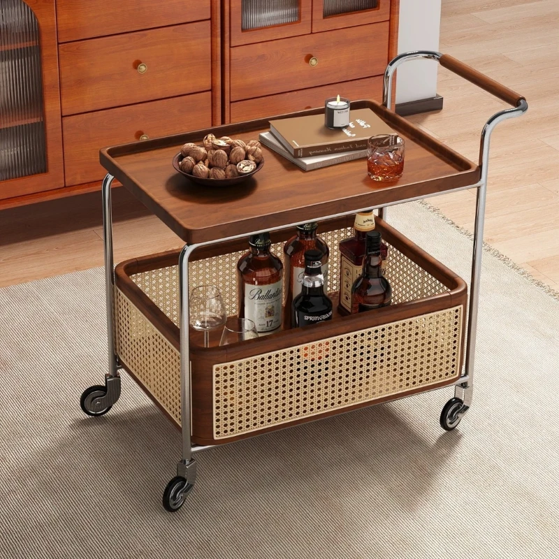 

LH solid wood mobile tea cart rattan double-layer storage side few medieval trolley