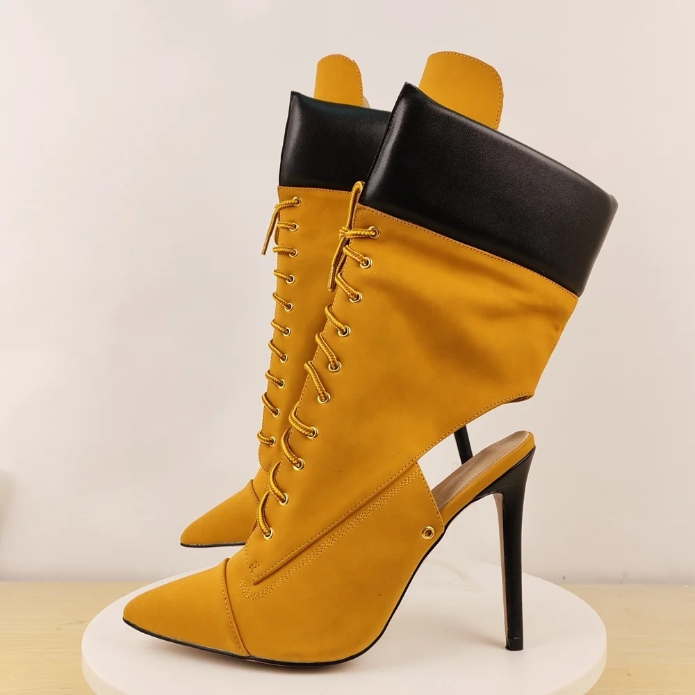 Women's Mustard Yellow Suede Lace-Up Ankle Boots Pointed Toe Stiletto Heel Edgy Chic Style for Date Nights Club Outings Looks