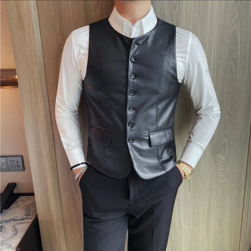 

Осень 2023, мужской повседневный кожаный жилет, облегающий эластичный жилет без рукавов для бизнеса, социального искусства, жилет для ночного клуба, работы, мужская одежда
