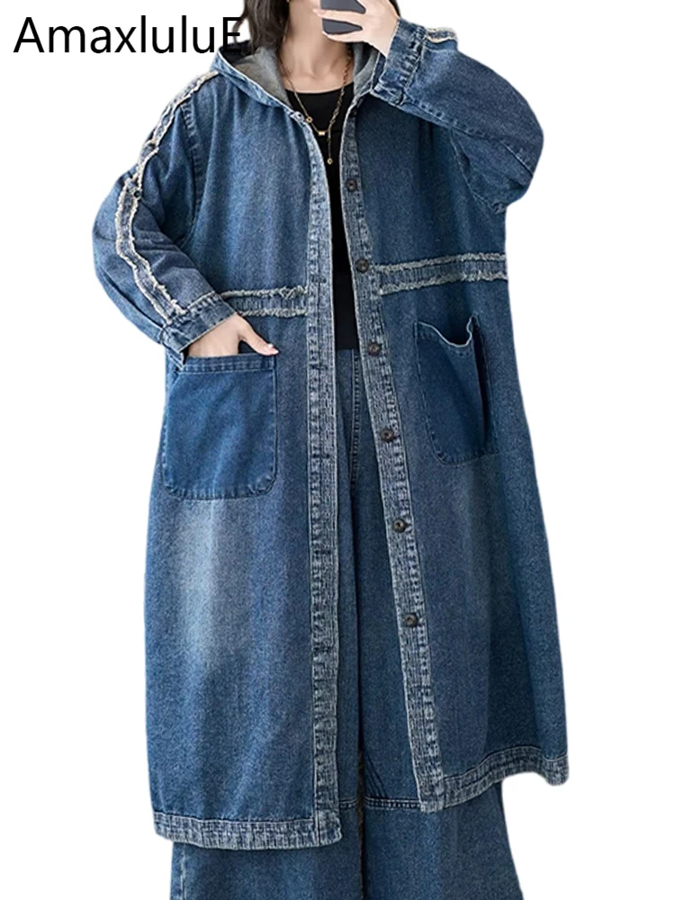 

Amax LuluE 2026 British Spring Women Vintage Hooded Denim Trench Ladies Casual Patchwork Fashion Windbreakers Classic Long Coats