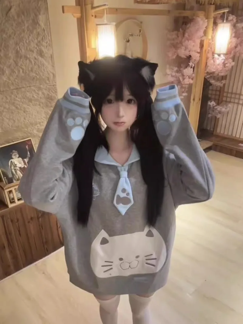 Japanese Subculture Y2k Millennial Two-dimensional Navy Cat Ear Collar Embroidered Tie Cat Pattern Top Trendy Sweater For Women