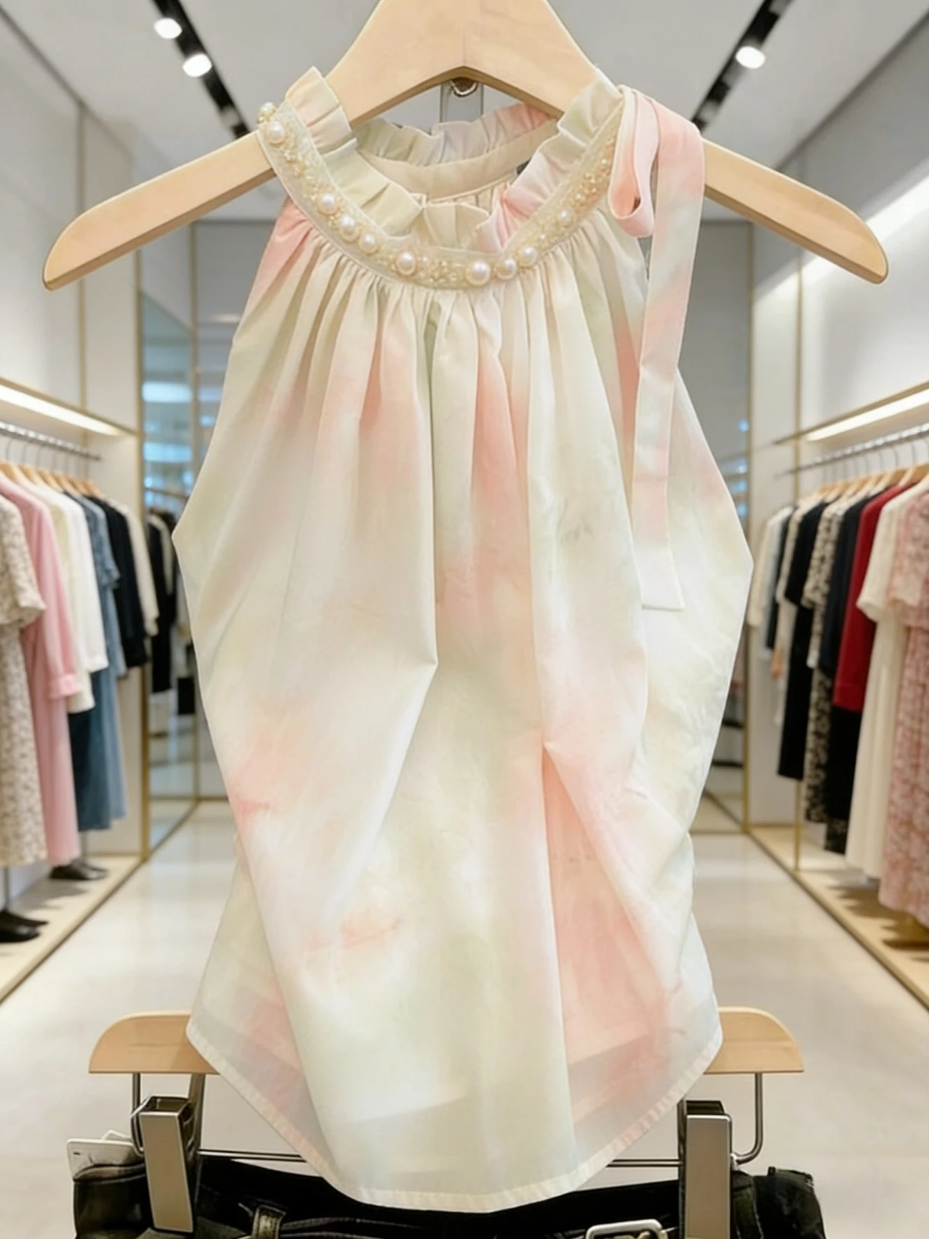 

High Quality Guangzhou Thirteenth Factory Women's Gradient Dyeing Hanging Neck Sleeveless Chiffon Top Slimming Summer Top