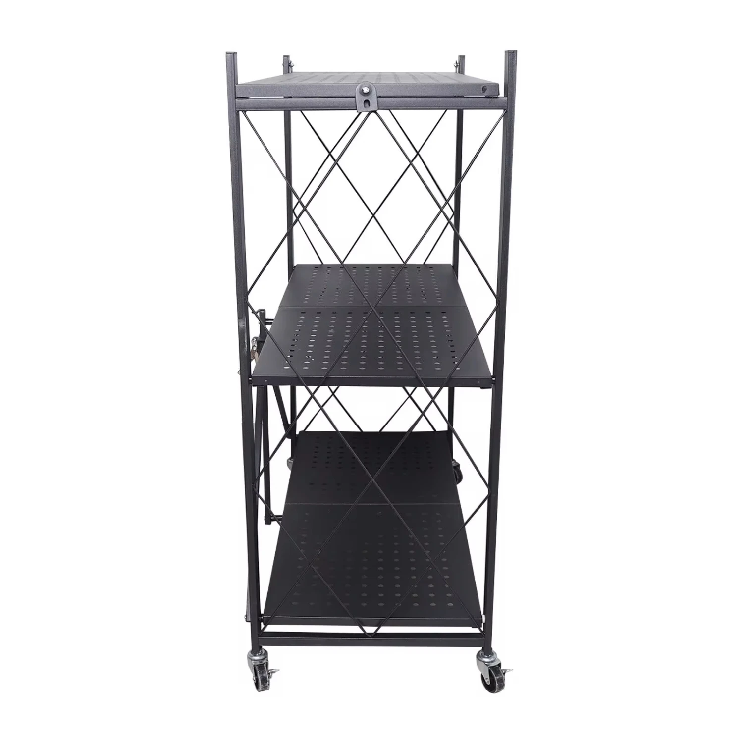 3 Tier Wide Folding Metal Shelf ,Rolling Trolley Utility Cart Black