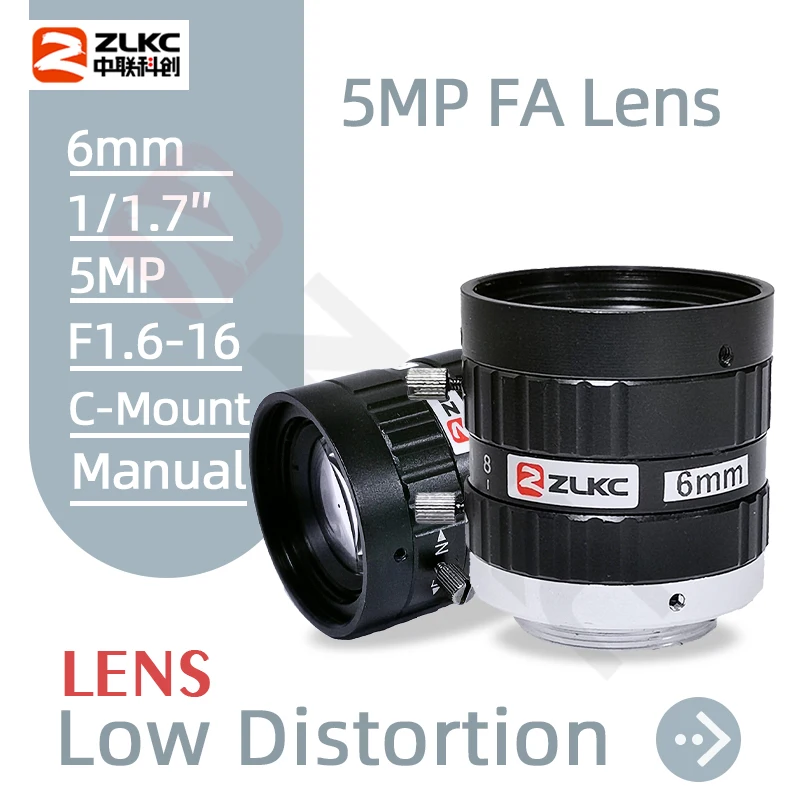 ZLKC 5.0MegaPixel C Mount 6mm FA Machine Vision Fixed Focal Length Lenses Industrial Camera Manual Iris CCTV Lens Low Distortion