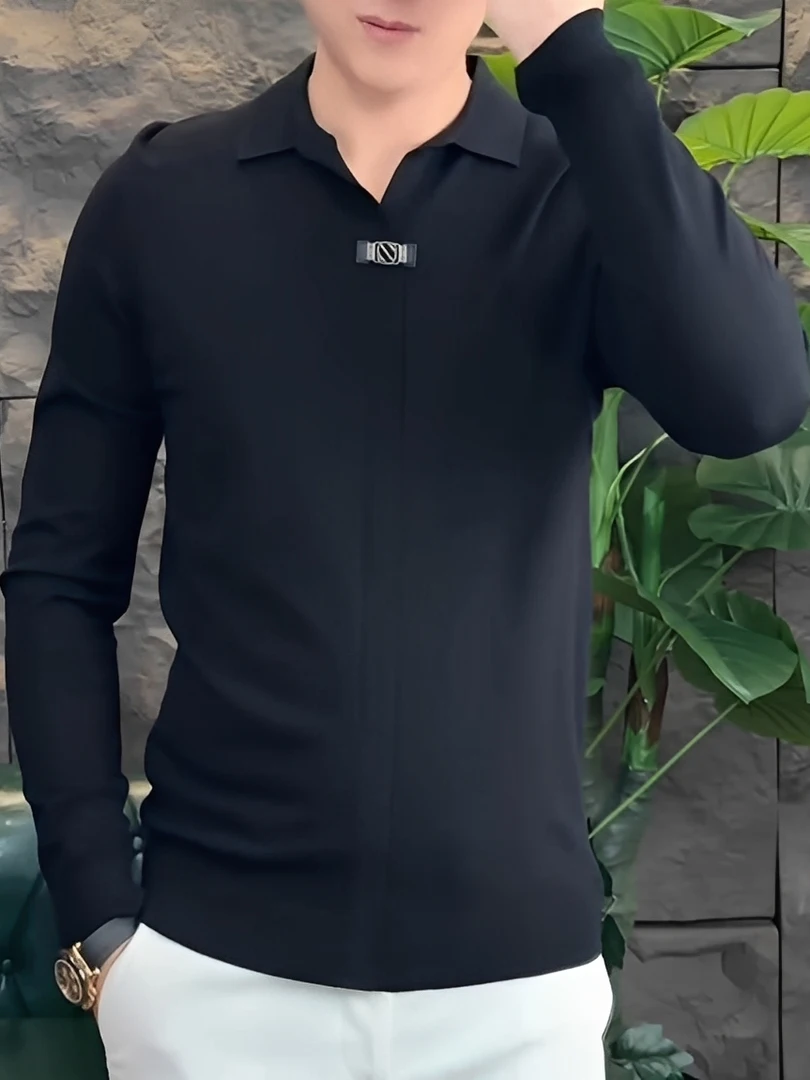 

Men's Faionable Casual Long Sve Knitted Base irt Collared All-Match Trendy Sle Autumn Winter New Arrival Polyester