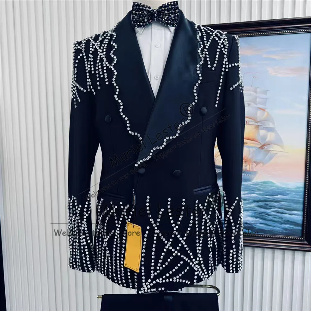 Double Breasted Suits Men For Wedding Anniversary Ceremony Beaded Stones Jacket Pants 2 Piece Sets Groom Formal Wear Tuxedo 2027