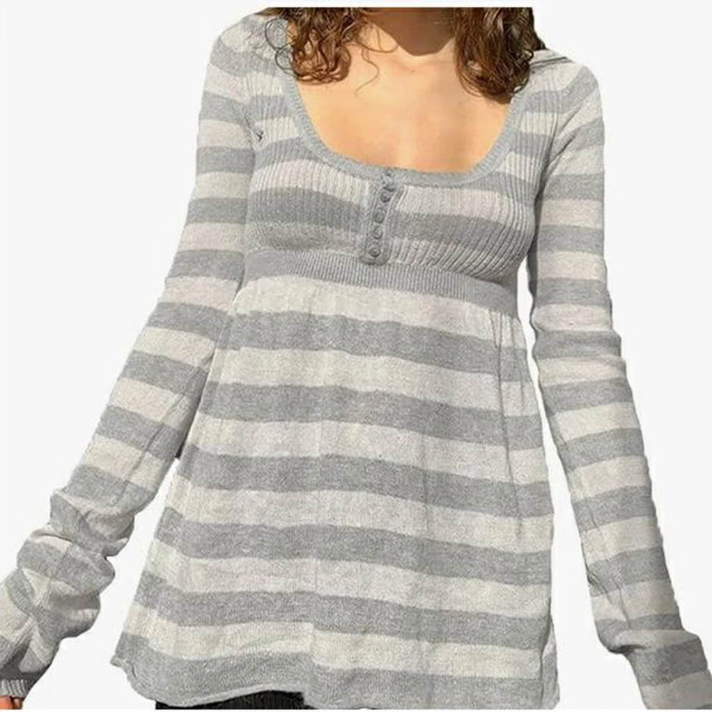 Dames gebreid zwart wit horizontaal gestreept T-shirt met lange mouwen ronde hals casual herfstmode uitgaan tops