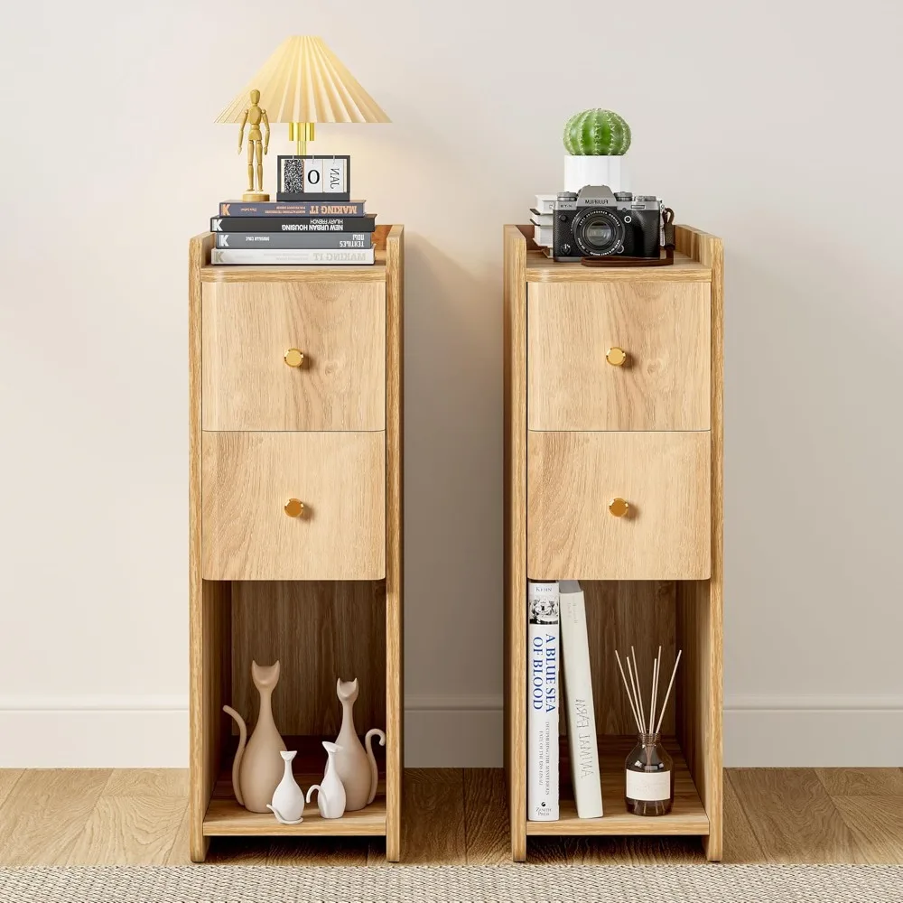 

small nightstand set of 2, wood 2 drawer narrow nightstand, slim side table, modern skinny end bedside table, natural wood night