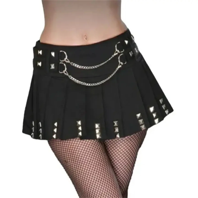 2000er Jahre Vintage Mode Spice Frauen Reißverschluss Sexy Punk Street Plissee Minirock Gothic Trend INS Sommer Nietenkette Dekorativer Rock