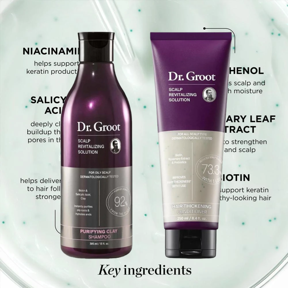Korean Dr. Groot Hair Care Kit - Purifying Clay Shampoo, Hair Thickening Conditioner, Anti-frizz, Repair Damage, Deep Cleaning