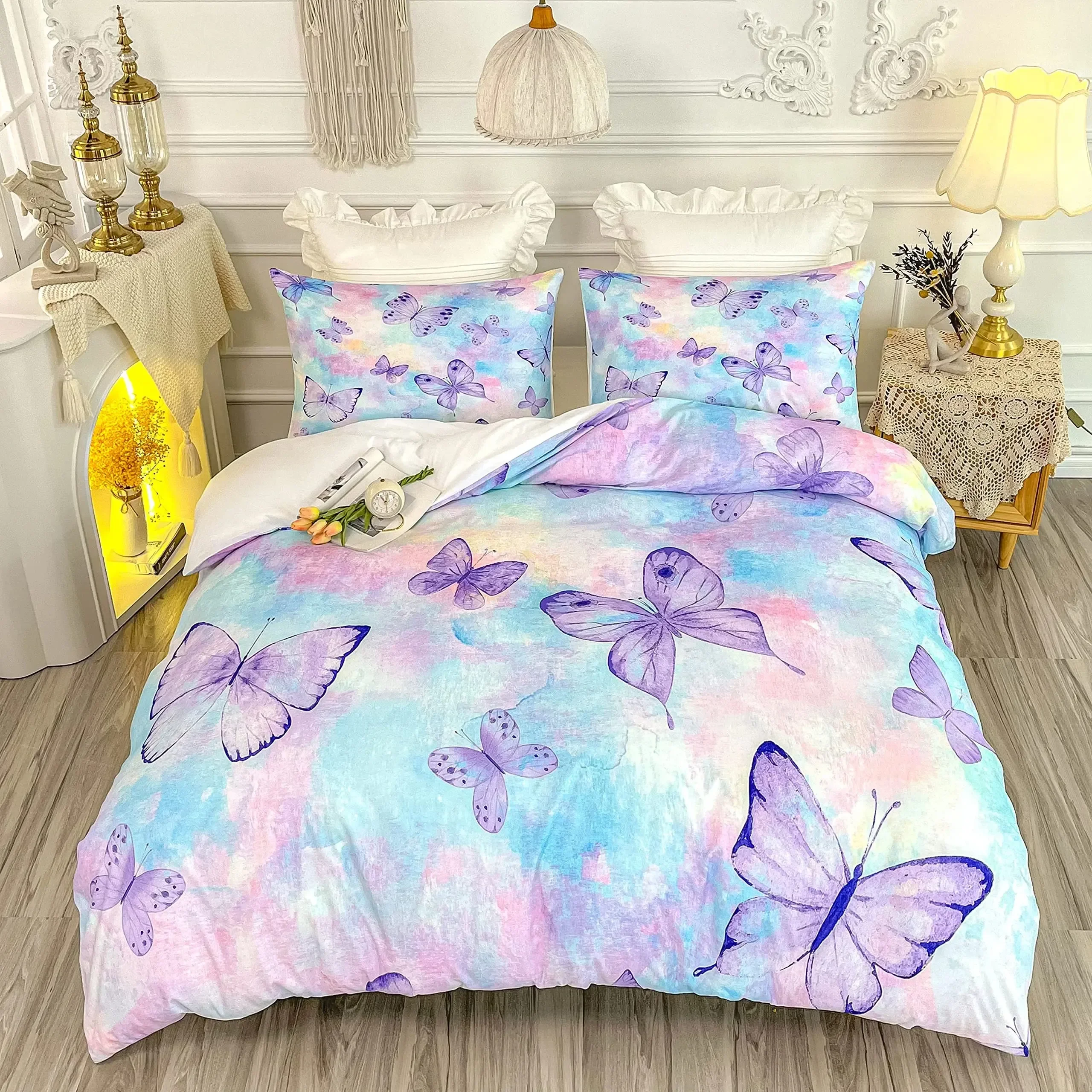 Butterfly Duvet Cover Set Full Size,Rainbow Butterfly Bedding Set for Girls,Rainbow Butterflies Comforter Cover Set,Pink Purple