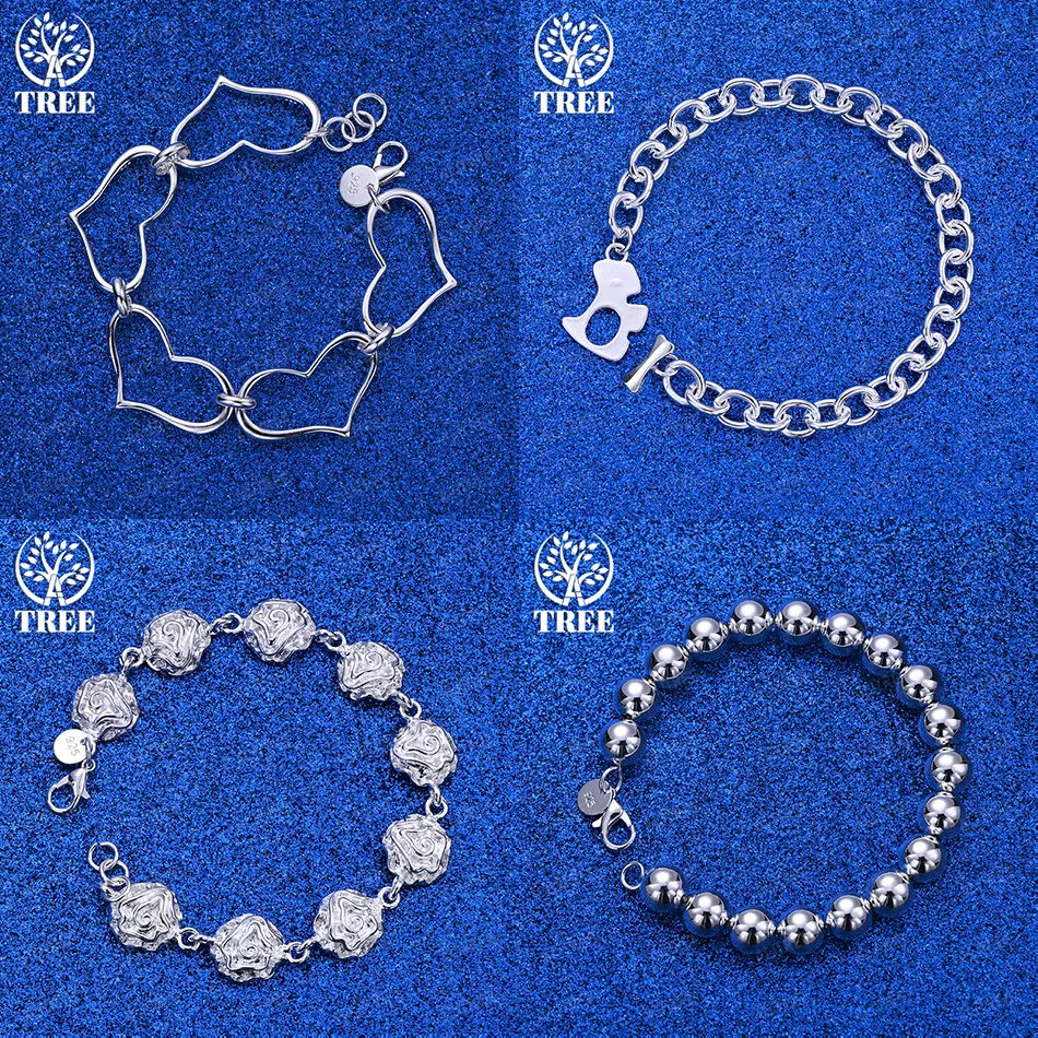 

Fine Christmas Gift 925 Sterling Silver Flower Heart Dog Bone Buckle Bead Chain Bracelets Women Party New Jewelry Accessories