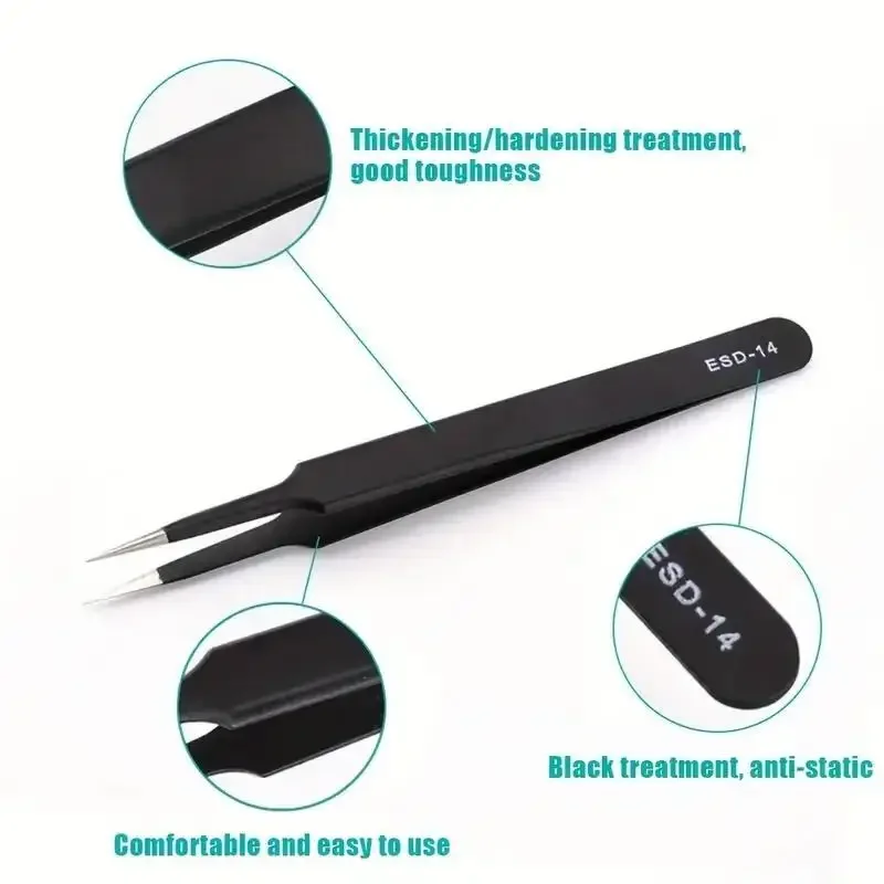 Precision Long Tweezers Set ESD Anti-Static Stainless SteelTweezers Repair Tools For Electronics Repair Soldering Craft