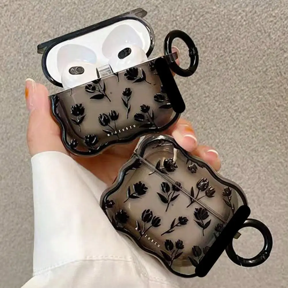 

INS Clear Black Tulip Flower Case For AirPods 1 3 2 Cute Transparent Cover Retro Rose Flowers Wave Earphone Soft For Airpod Pro