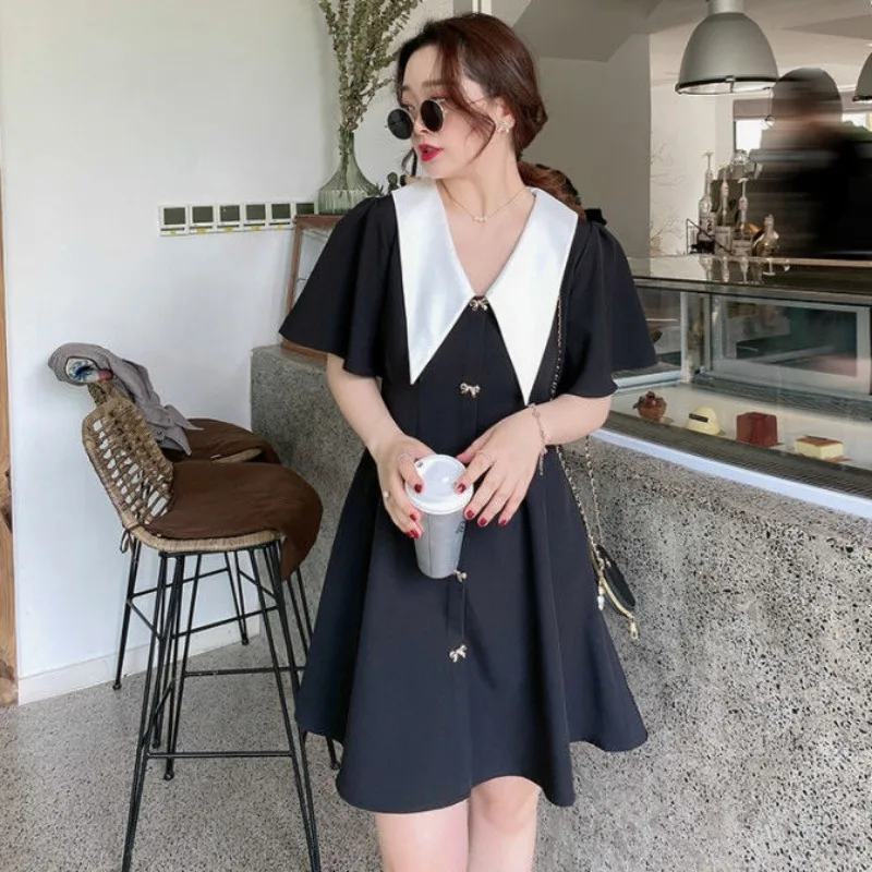 Large Size French Age-reducing Fat Mm Waist-covering Dress Women's Autumn and Winter V-neck Bow Slimming Little Black Dress