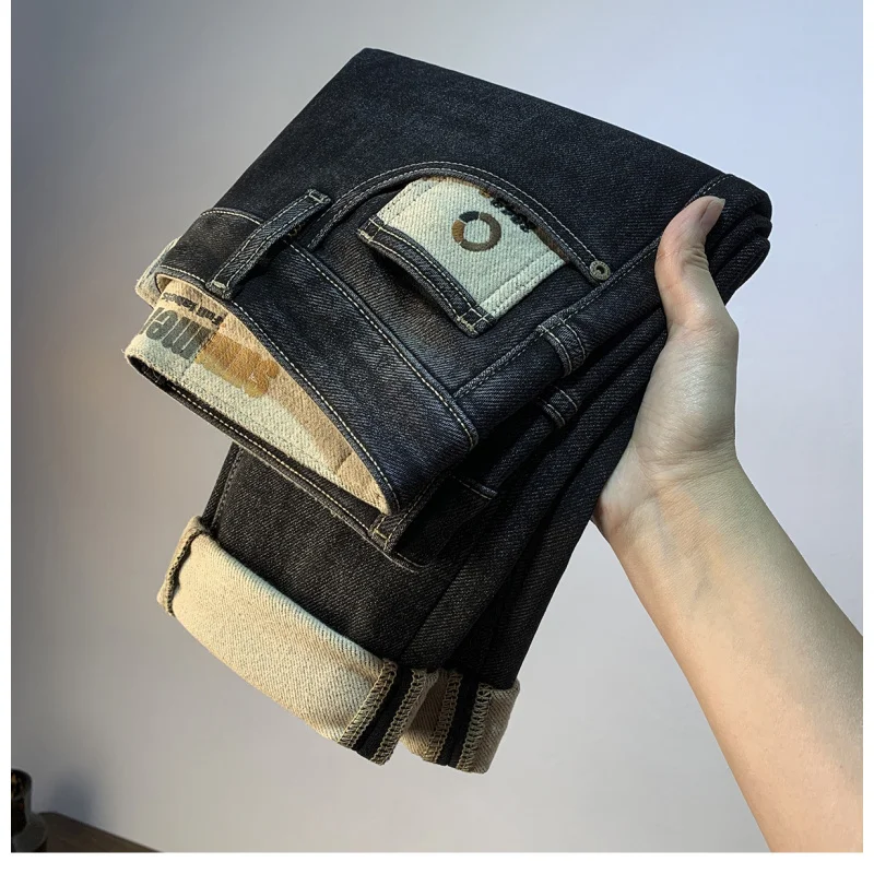 

Мужские черно-серые флисовые джинсы, плотный и плюшевый теплый крой, приталенный крой, маленькие ноги, зимние эластичные повседневные длинные брюки.