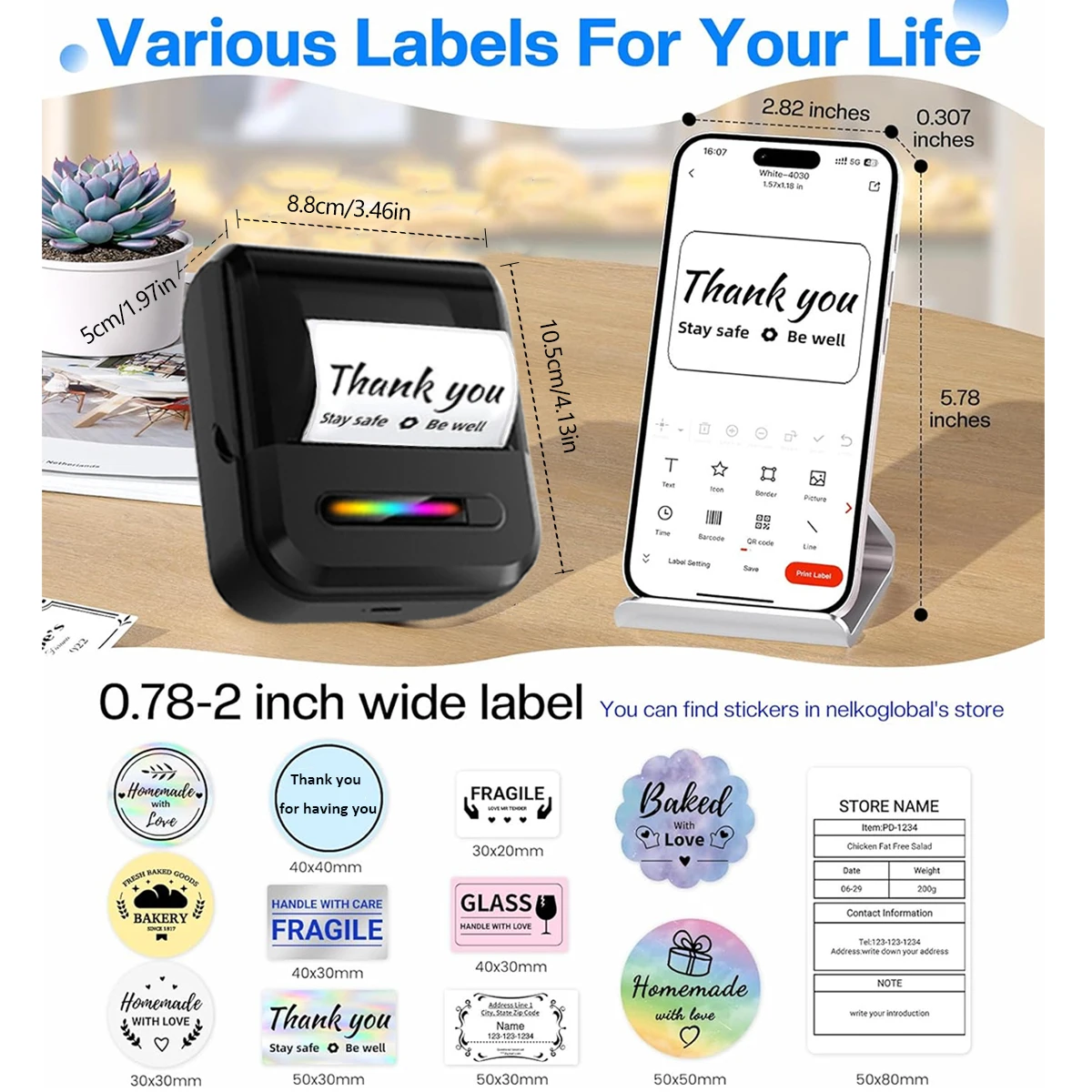 미니 휴대용 열전사 라벨 프린터 - 소규모 사업체, 사무실 및 가정용, 모바일 무선 라벨 바코드