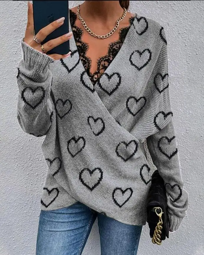 Pullover for Women 2024 Spring Autumn Sweater Fashion V-Neck Long Sleeve Heart Print Contrast Lace Long Sleeve Wrap Sweater