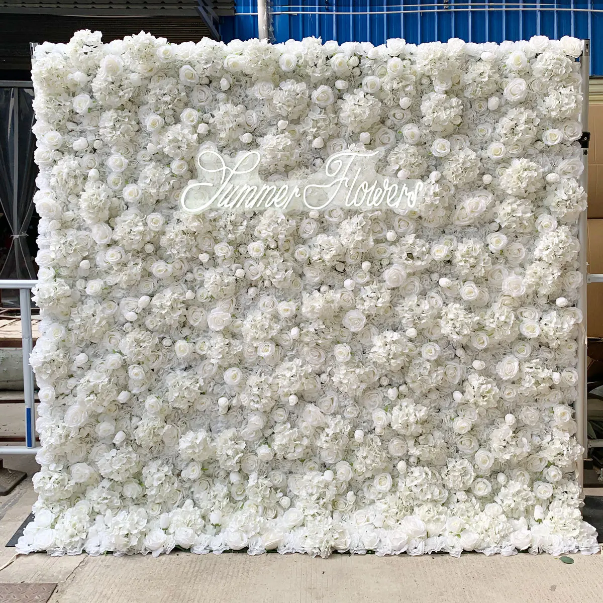 3D Mixed Flower Series Luxury Champagne White Rose Hydrangea artificial plant flower wall rolled up outdoor wedding background