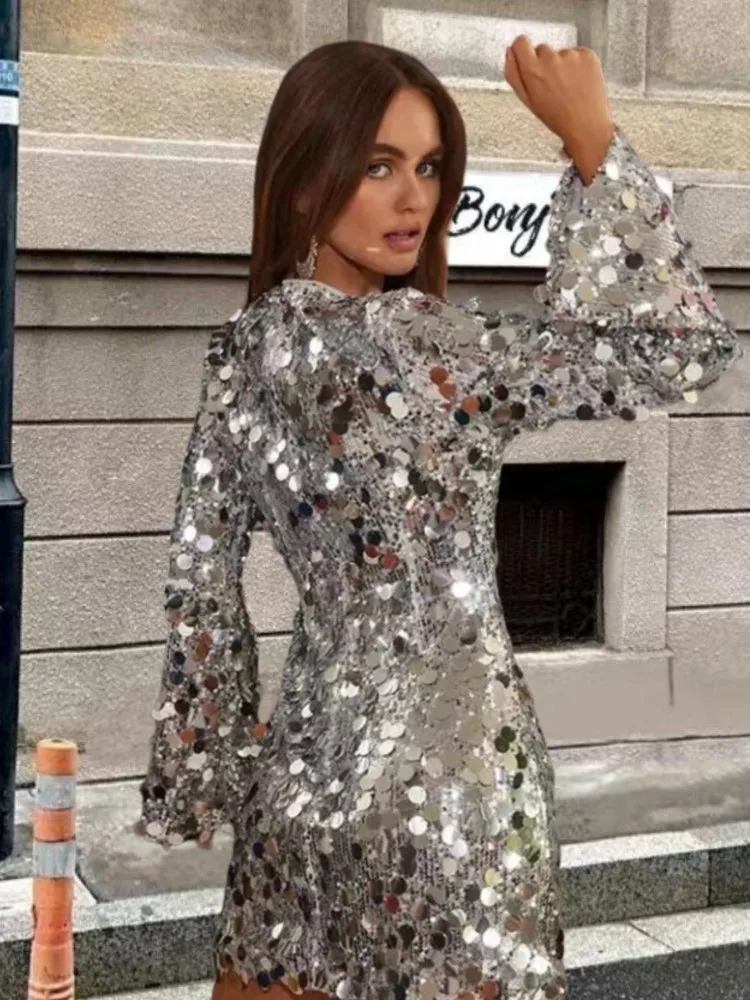 シルバービッグスパンコールドレス女性ファッション O ネックベル長袖 A ラインパーティードレストレンディなストリートウェアナイトクラブ Vestidos 女性