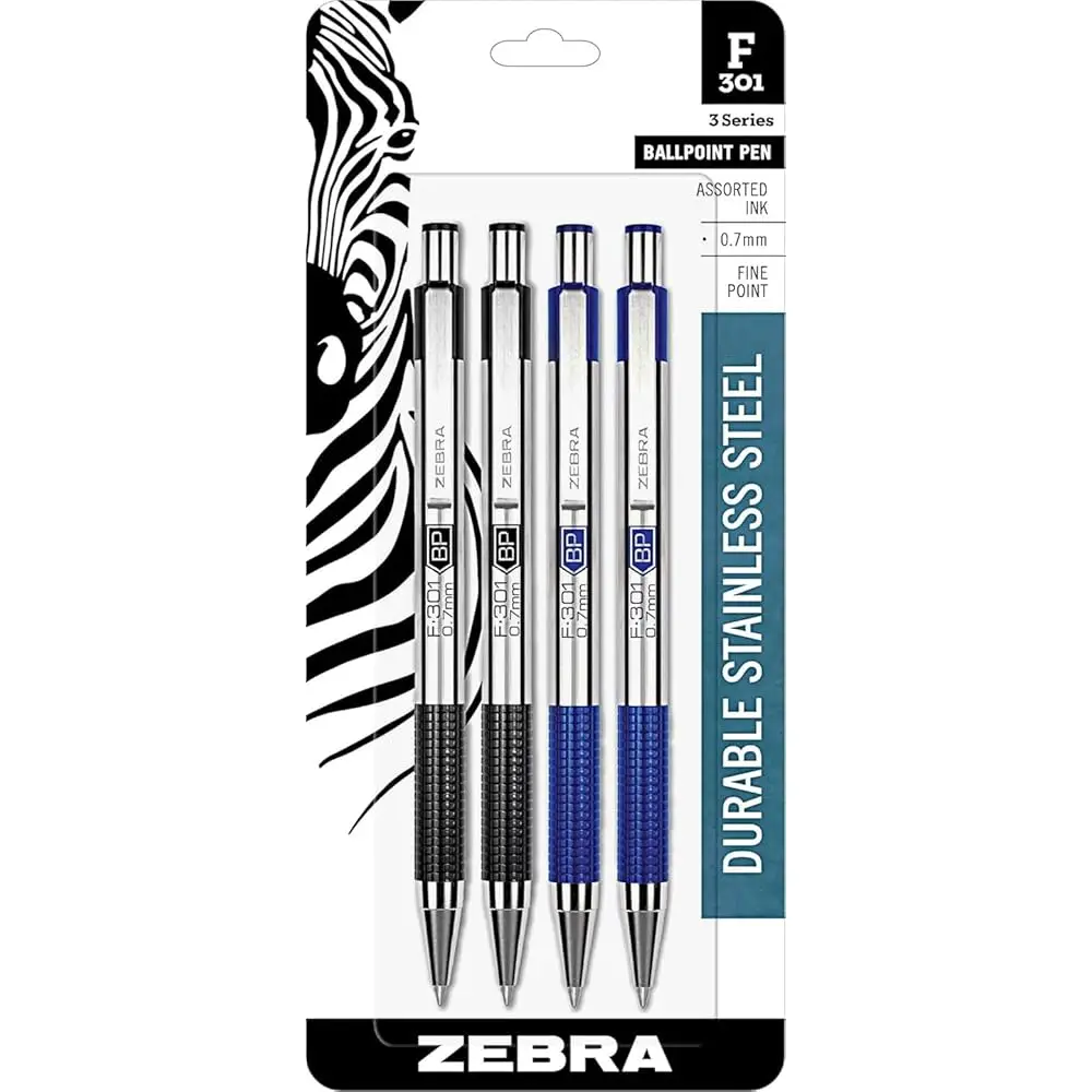 

Zebra F-301 Retractable Ballpoint Pen with Stainless Steel Barrel 0.7mm Fine Point - Pack of 4; 2 Black & 2 Blue