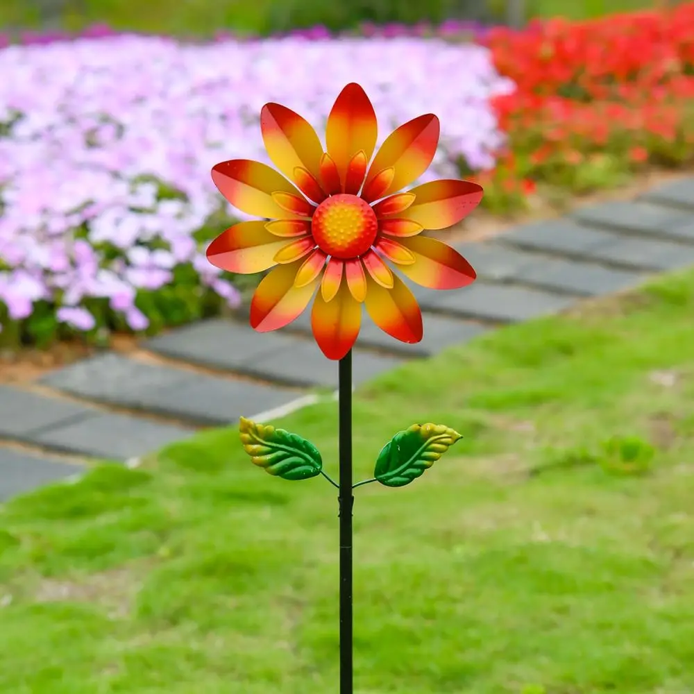 Rotating Metal Gazania Wind Spinner Outdoor Garden Yard Decoration Stake Patio Ornament Art Lawn Sculpture Landscape