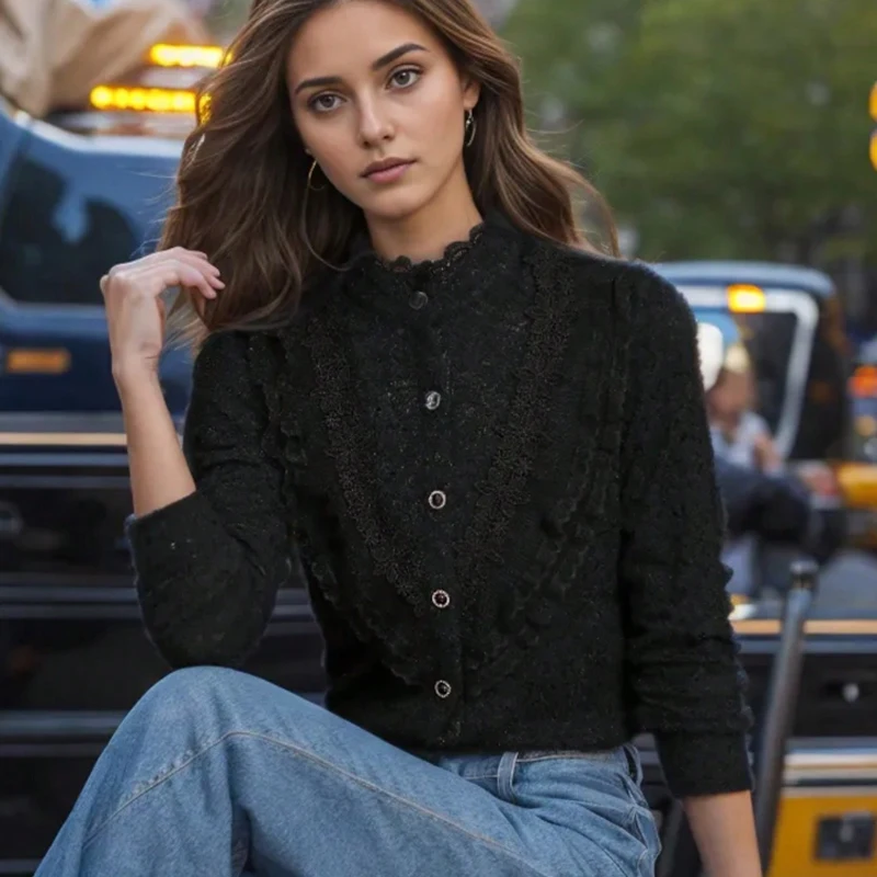 

GELITAYIN Fashion New Long Sleeve Elegant Button Up Lace Shirts Women Slim Fit Vintage Casual Women Blouses Ruffled Stand Solid