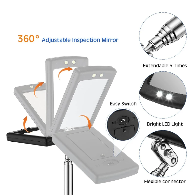 مرآة فحص تصغير مرنة قابلة للسحب LED تمديد السيارات مرآة الأسنان فحص مركبة مراقبة الرموش الفم