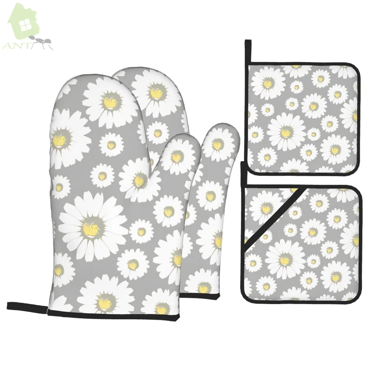 

Grey And White Daisies Oven Mitts and Pot Holders Sets of 4 High Heat Resistant Oven Mitts with Oven Gloves and Hot Pads