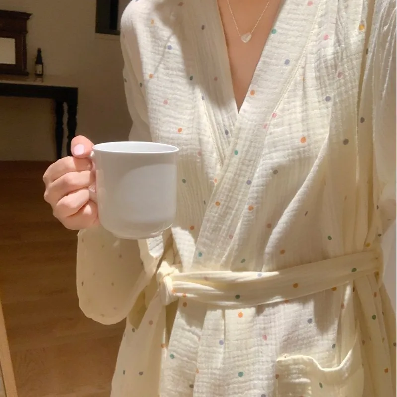 

Simple Fresh Polka Dot Print Robe and Nightgown Women's New Apricot Long-Sleeve Home Wear Bathrobe for Spring and Autumn