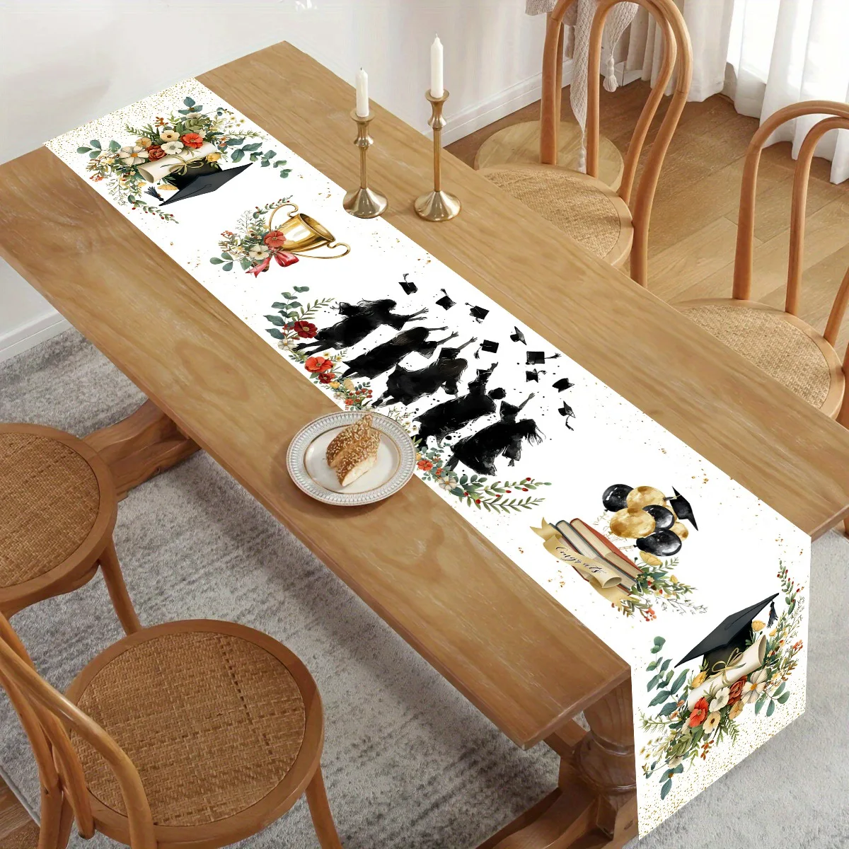 180x35cm Class of 2026 Graduation Table Runner White Background Polyester Table Cover for Congrats Graduation Party Supplies