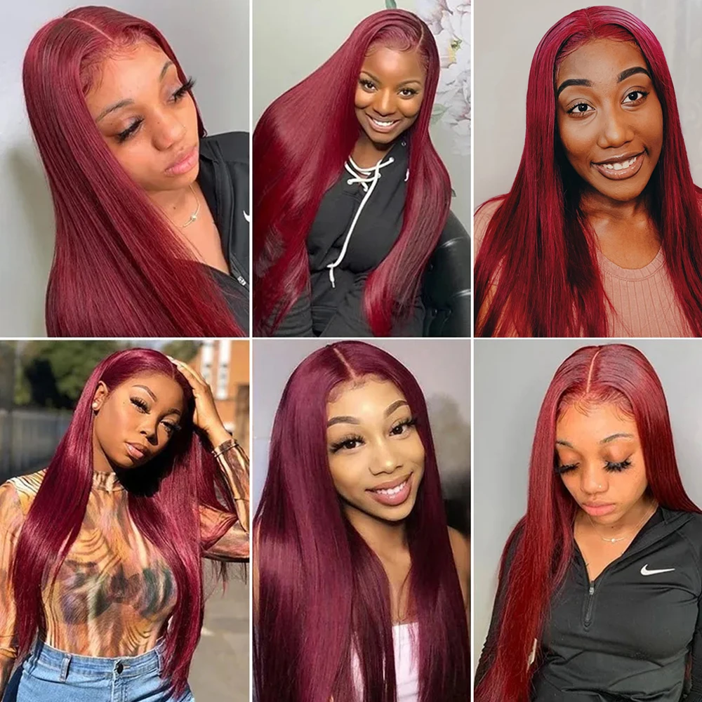 Straight HD Lace Frontal Perucas, Cabelo Humano Glueless, Borgonha Vermelho Perucas Coloridas, 4x4 Encerramento Peruca, 99J, 200% Borgonha, 13x4