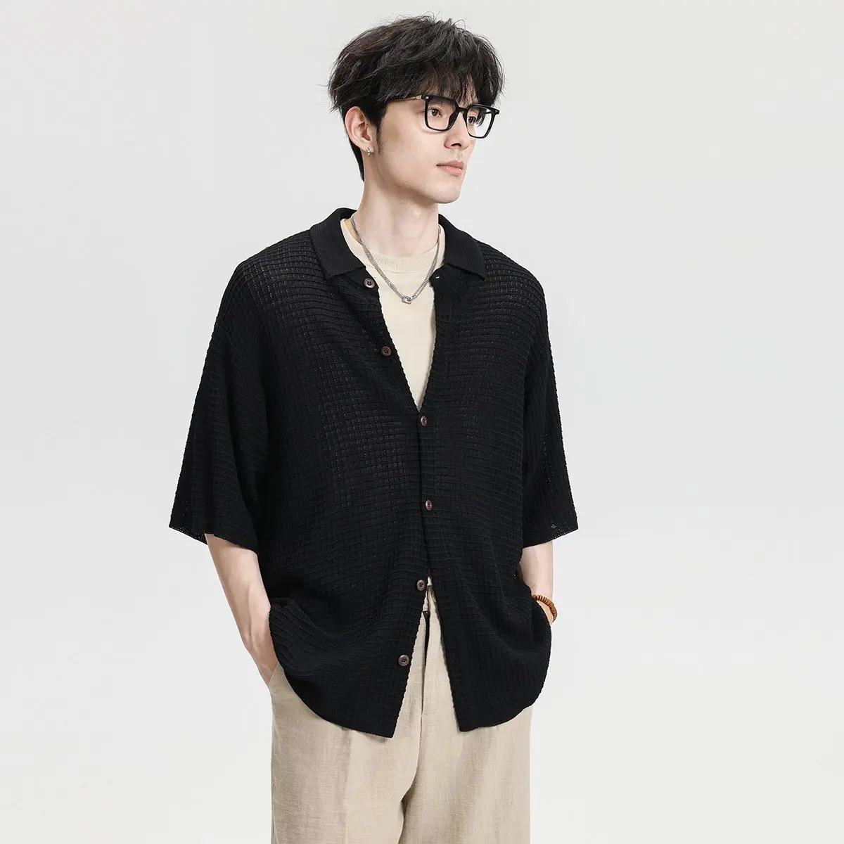 Spring Summer Knitted Shirt Men Loose Casual Short Sleeve Vintage Fashion Polo Shirts Cardigan Coat Man Knitwear Tops