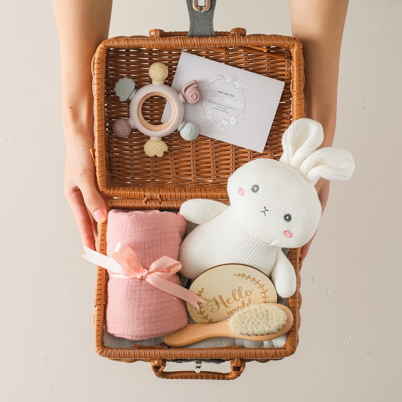 Conjunto de brinquedos de banho do bebê Crochet Coelho Chocalho Mordedor Brinquedos de dentição do leme do silicone Toalha de algodão Tecer escova de lã Caixa de presente