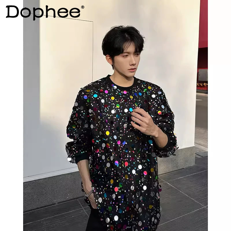 

2026 Men's Spring New Long-sleeve Chic Tops Bling Bling Shiny Colorful Sequin High Street Trendy Sweatshirts Stylish Sportswears