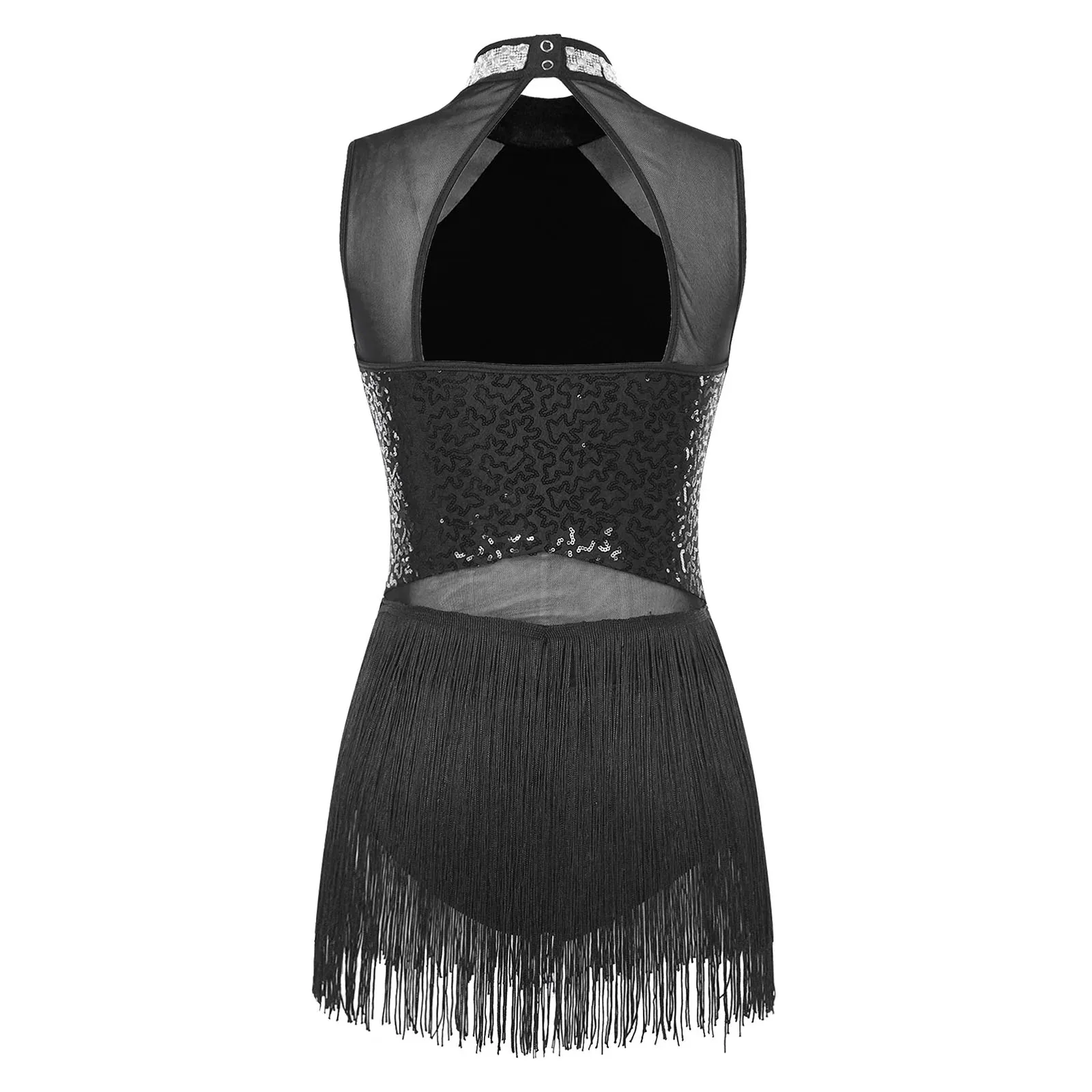 Abito body con nappe con paillettes lucide per spettacoli di danza Jazz latina Costume da ballo senza maniche Tango Cha-Cha Samba