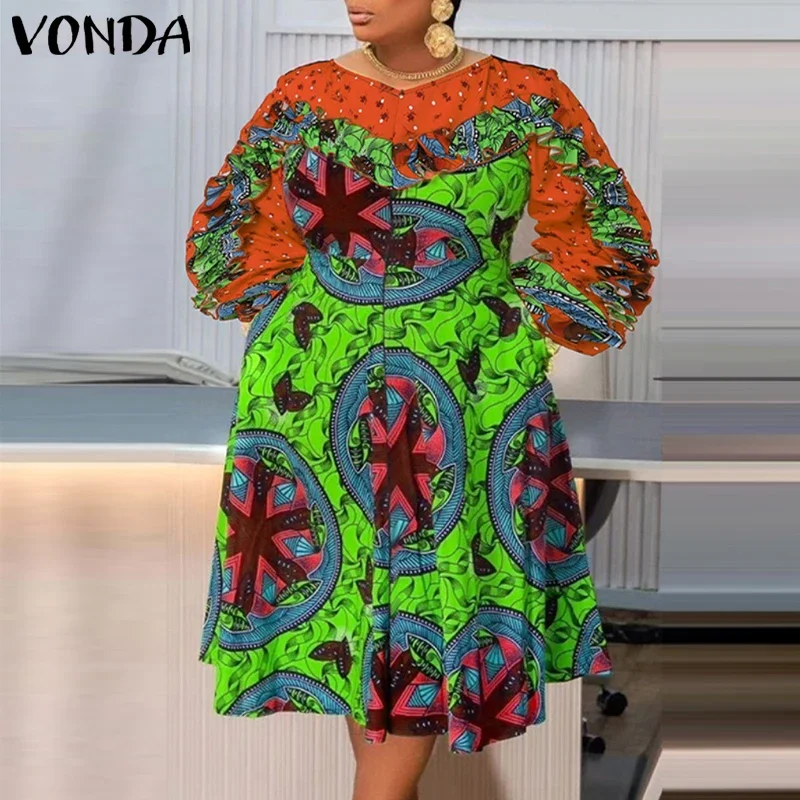 

Женское длинное платье VONDA больших размеров 5XL в богемном стиле, с длинными рукавами, принтом, модное повседневное платье-миди с круглым вырезом, сарафан, роба