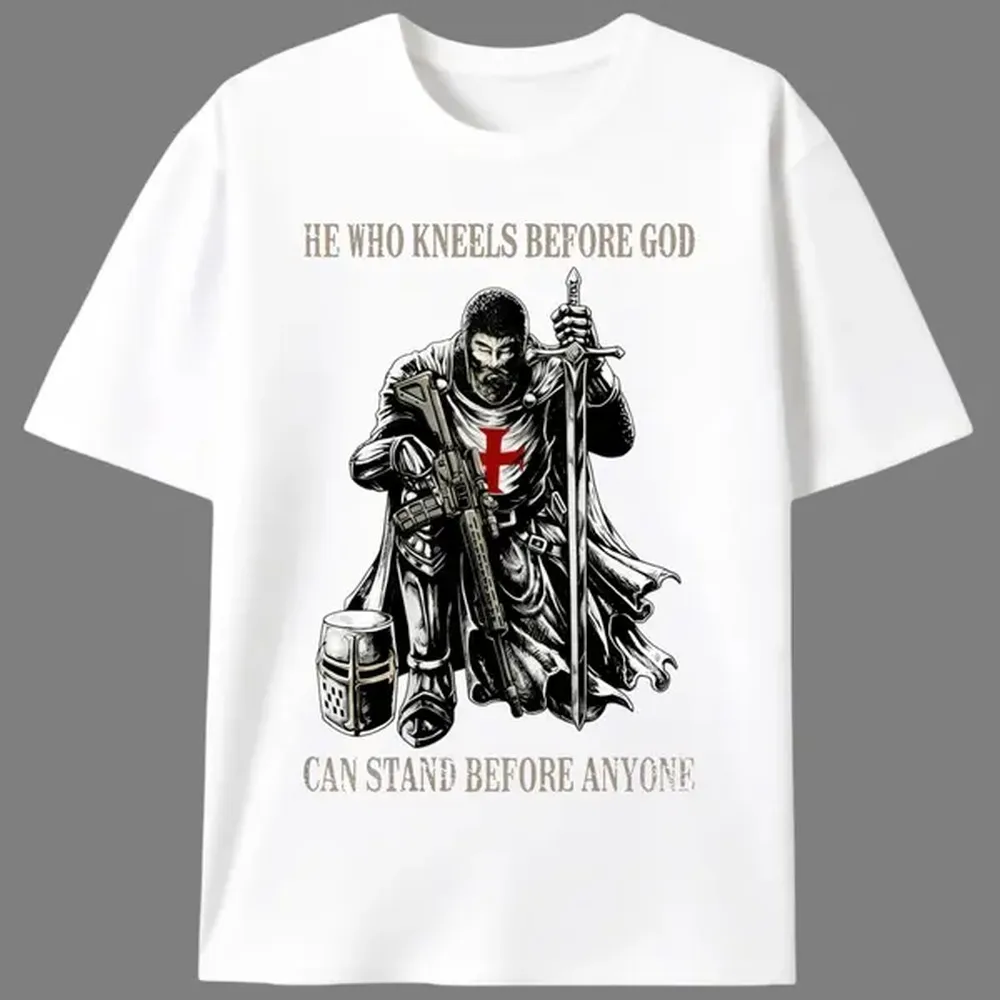 Men's Preppy Normal Type Templar Knight Printed T-Shirt, Casual Cotton Fabric Top, Shortsleeve Round Neck with Slight Stretch