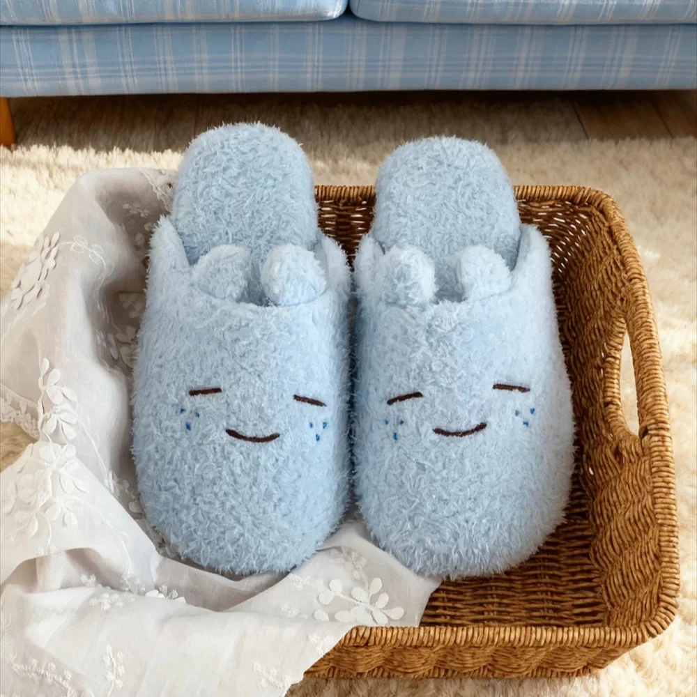 Cute Raindrop Japanese Autumn Plush Slippers Silent Non Slip Cartoon Floor Shoes Home Bedroom Couple Cotton Slippers
