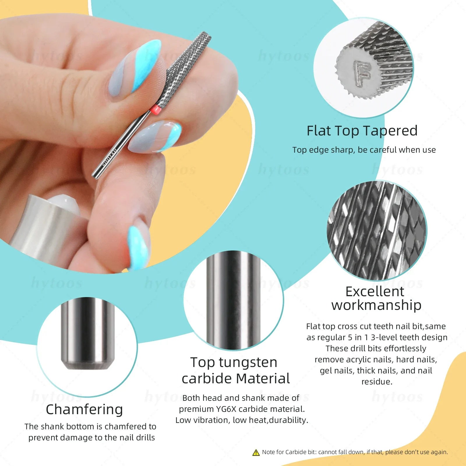 HYTOOS 5-in-1-Nagelbohrer mit flacher Oberseite, 24 mm lang, konische Hartmetall-Nagelbits, elektrisches Bohrzubehör, Gel-Nagellack-Entfernungswerkzeug