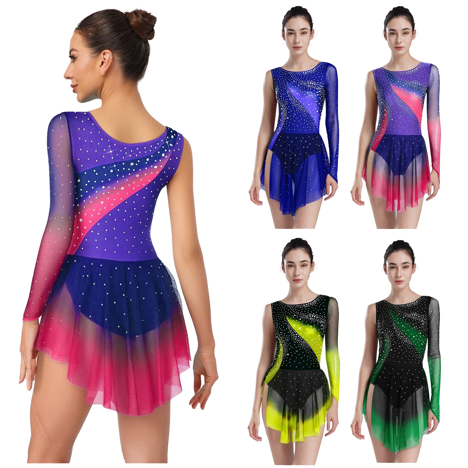 Mulheres gradiente patinação artística collants vestido rítmico ginástica ballet dança trajes strass malha irregular bainha bodysuit